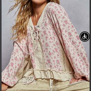 POL Pink Floral Lace-Up Top